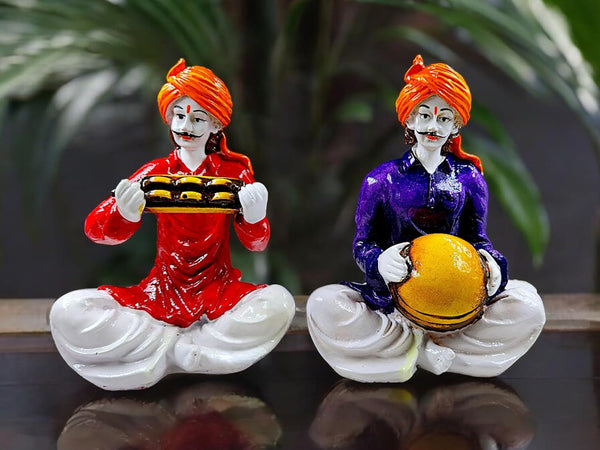 Charming Rajasthani Musician Duo Figurine Set | Traditional Indian Resin Statues for Cultural Home Decor & Unique Gifting