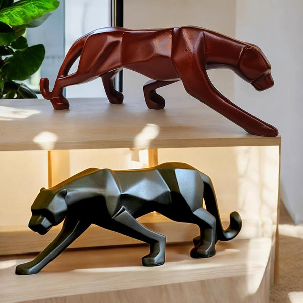 Resin Geometric Black & Red Leopard Figurine | Modern Wildlife Sculpture for Home & Office Decor | Stylish Panther Showpiece