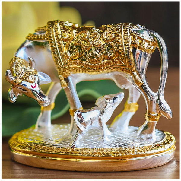 Karigaari India Kamdhenu Cow Idol in Gold and Silver Plated Finish | Resin Figurine with Calf | Vastu Decorative Showpiece for Home Temple Pooja Room | Spiritual Festival Gift Item