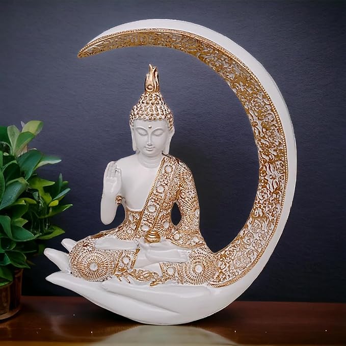 Resin Buddha in White Crescent Moon - Spiritual - Karigaari India Aesthetic Home Decor