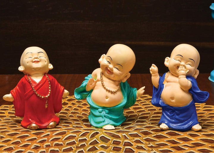 Handcrafted Ployresin Three Pieces Standing And Sitting, Laughing ,Happy Lord Buddha Statue Showpiece Home Decor/Office Decor/Spiritual Gift, Green, Orange And Blue Colour - Karigaari India Aesthetic Home Decor