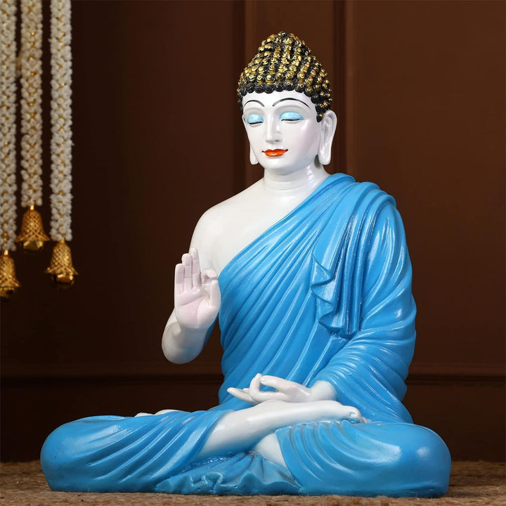 Serene Meditating Buddha Idol White & Blue Resin Decor - Karigaari India Aesthetic Home Decor