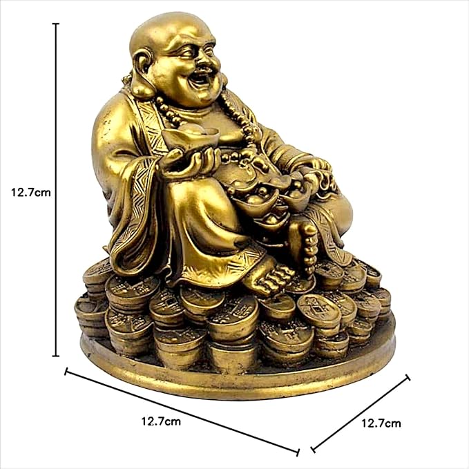 Golden Laughing Buddha Resin Statue - Wealth - Karigaari India Aesthetic Home Decor
