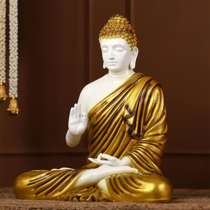 Gautam Buddha Figurine: White & Gold Serenity Blessing Gift - Karigaari India Aesthetic Home Decor
