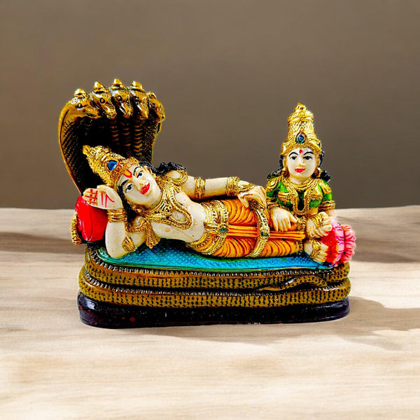 Divine Lord Vishnu & Lakshmi on Sheshnag Statue  | Vibrant Resin Anantashayana Idol for Prosperity, Protection & Home Blessings