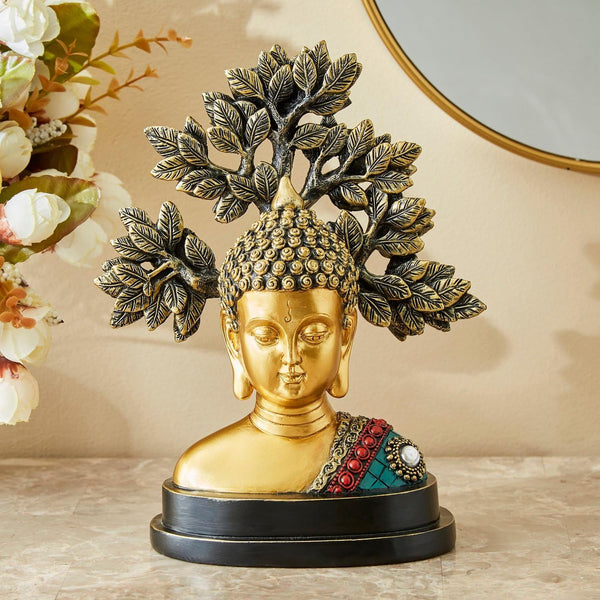 Divine Resin Buddha Statue with Bodhi Tree  | Golden Meditative Figurine for Home Decor, Zen Space & Spiritual Gifting