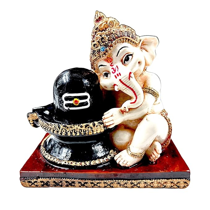 Ganesha Idol with Shiva Lingam Resin - Karigaari India Aesthetic Home Decor
