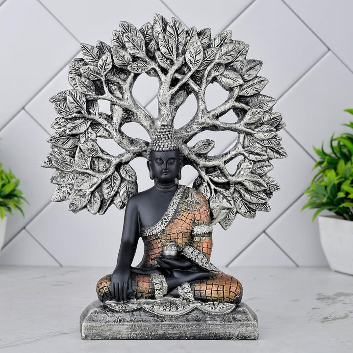 Zen Buddha Under Bodhi Tree Black & Bronze Resin Idol - Karigaari India Aesthetic Home Decor