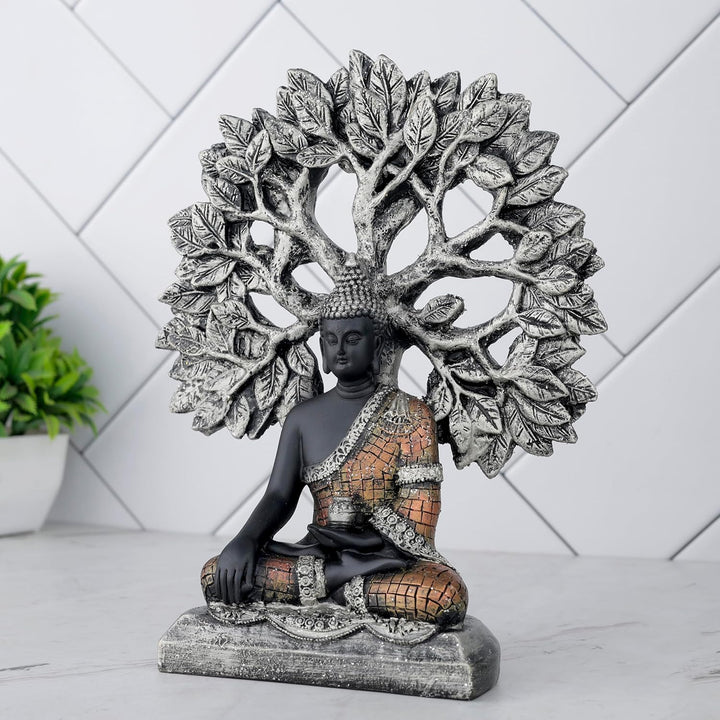 Zen Buddha Under Bodhi Tree Black & Bronze Resin Idol - Karigaari India Aesthetic Home Decor