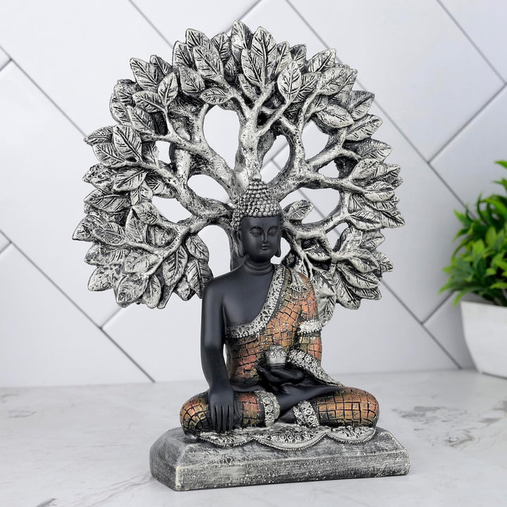 Zen Buddha Under Bodhi Tree Black & Bronze Resin Idol - Karigaari India Aesthetic Home Decor