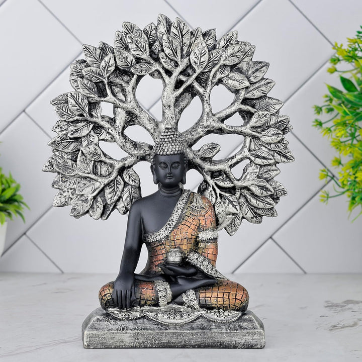 Zen Buddha Under Bodhi Tree Black & Bronze Resin Idol - Karigaari India Aesthetic Home Decor