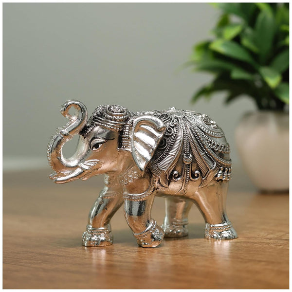 Karigaari India Silver Plated Elephant Figurine | Handcrafted Resin Decorative Showpiece for Home Decor Office Table Vastu Gift | Royal Elephant Idol for Living Room Centerpiece & Festive Gifting