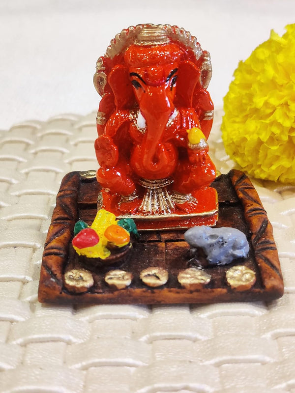 Vibrant Red Ganesha Idol  | Polyresin Showpiece with Modak & Mouse for Power, Prosperity & Auspicious Decor
