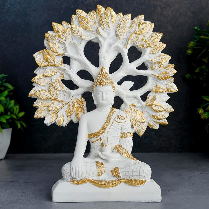 Enlightened White Buddha Idol Golden Bodhi Tree Decor - Karigaari India Aesthetic Home Decor