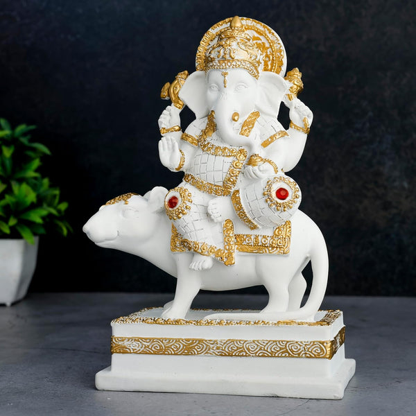 Golden Resin Ganesha Idol Sitting on Mushak | Divine Hindu God Statue for Home Decor & Spiritual Gifts