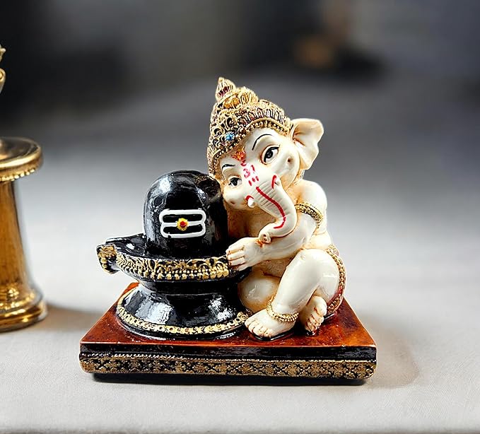 Ganesha Idol with Shiva Lingam Resin - Karigaari India Aesthetic Home Decor