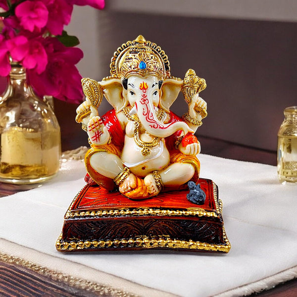 Elegant Lord Ganesha Idol  | White & Gold Resin Statue for Prosperity, Obstacle Removal & Divine Blessings
