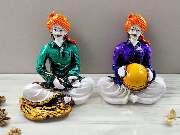 Vibrant Rajasthani Musician Figurine Set of 2 | Traditional Indian Folk Art for Home Decor & Cultural Gifting | Resin Statues