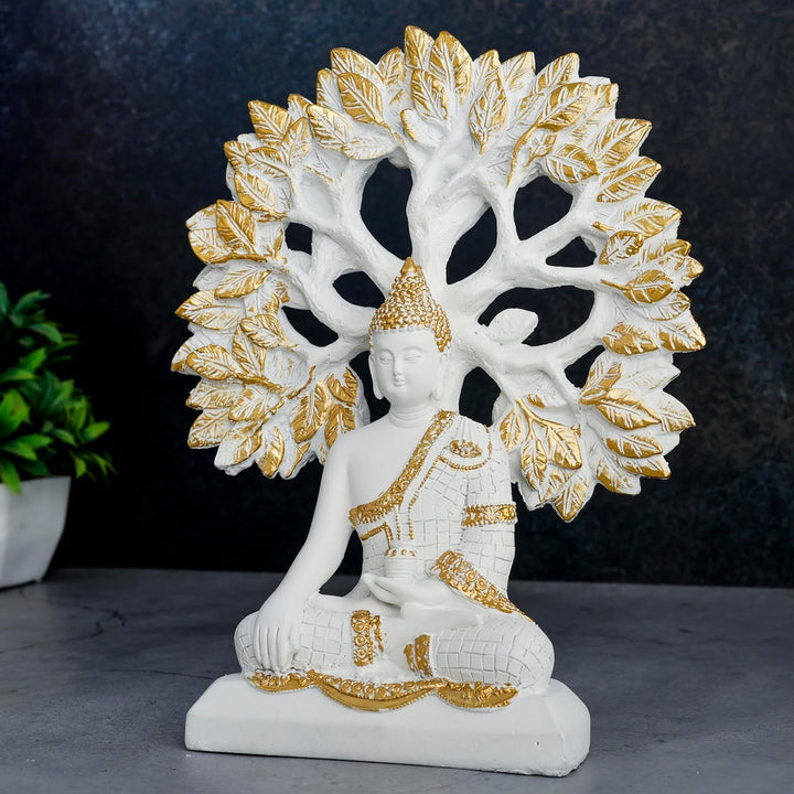 Enlightened White Buddha Idol Golden Bodhi Tree Decor - Karigaari India Aesthetic Home Decor