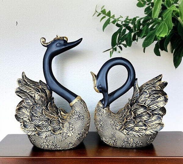 Elegant Resin Swan Couple Showpiece  | Large Decorative Figurine for Home Decor, Living Room & Romantic Gifting | Black & Gold Accent