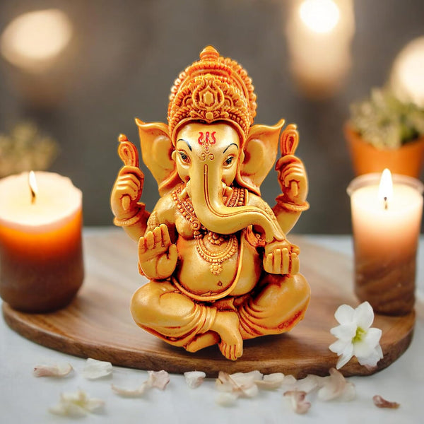 Golden Ganesha Idol for Car Dashboard & Home Decor  - Auspicious Resin Statue with Mukut