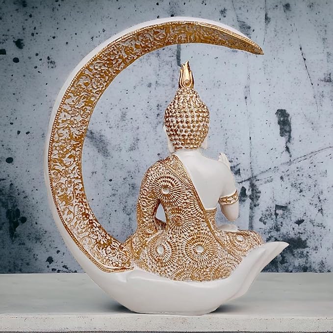 Resin Buddha in White Crescent Moon - Spiritual - Karigaari India Aesthetic Home Decor
