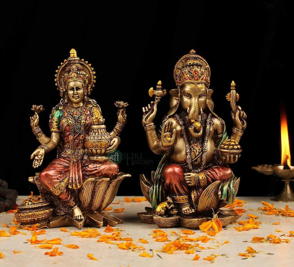 Resin Ganesha & Lakshmi Figurine Set of 2 – Decorative Idols for Home Temple, Pooja Room & Festive Gifting