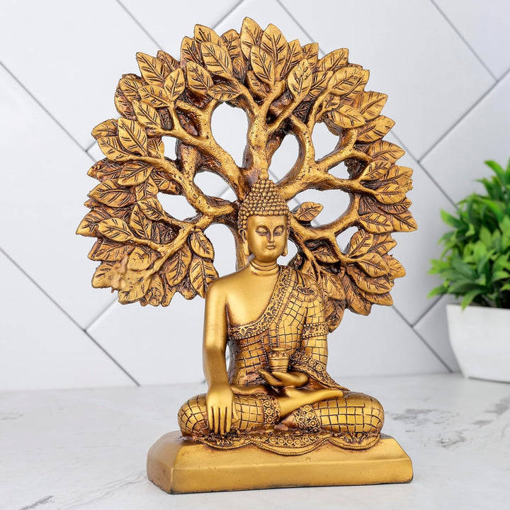 Golden Buddha Under Bodhi Tree Radiant Resin Home Decor - Karigaari India Aesthetic Home Decor