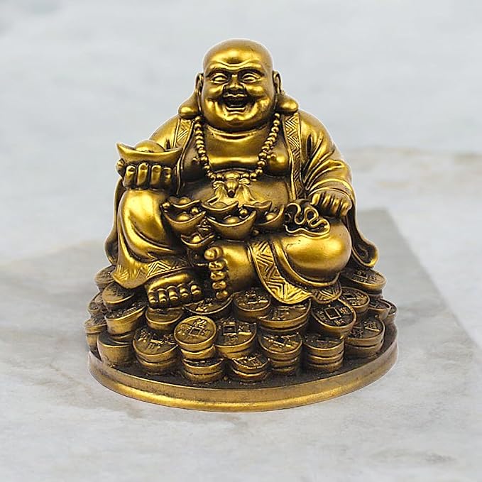 Golden Laughing Buddha Resin Statue - Wealth - Karigaari India Aesthetic Home Decor