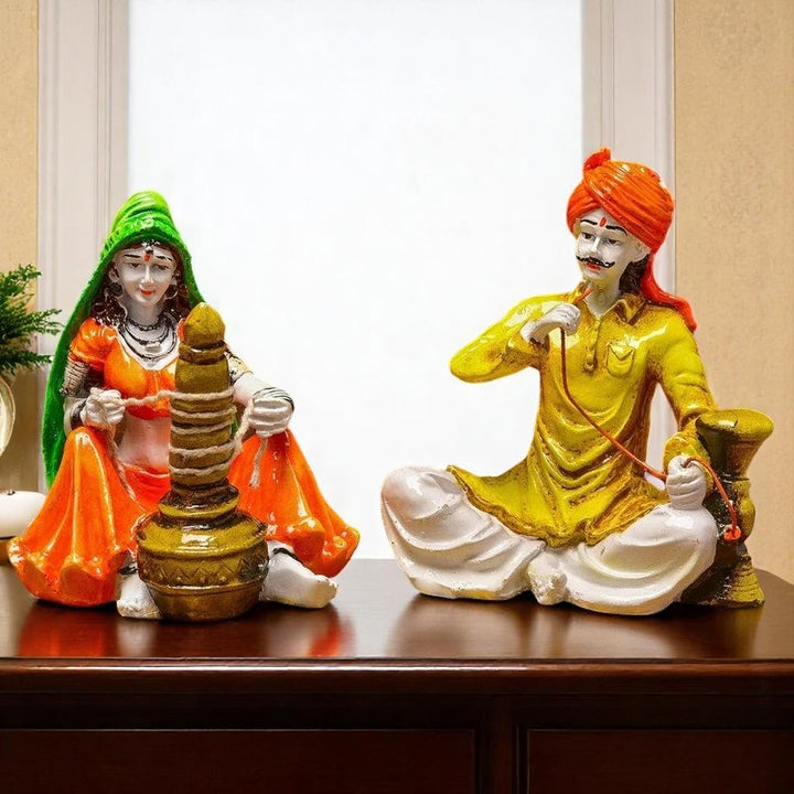 Traditions of Rajasthani : Man with Hukka & Lady with Chaas Idol showpiece for Home Decor - Karigaari India Aesthetic Home Decor
