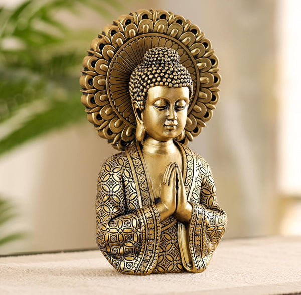 Antique Golden Resin Buddha Statue for Home Decor | Meditating Buddha Idol for Living Room, Office & Gifting | Vintage Look Spiritual Showpiece