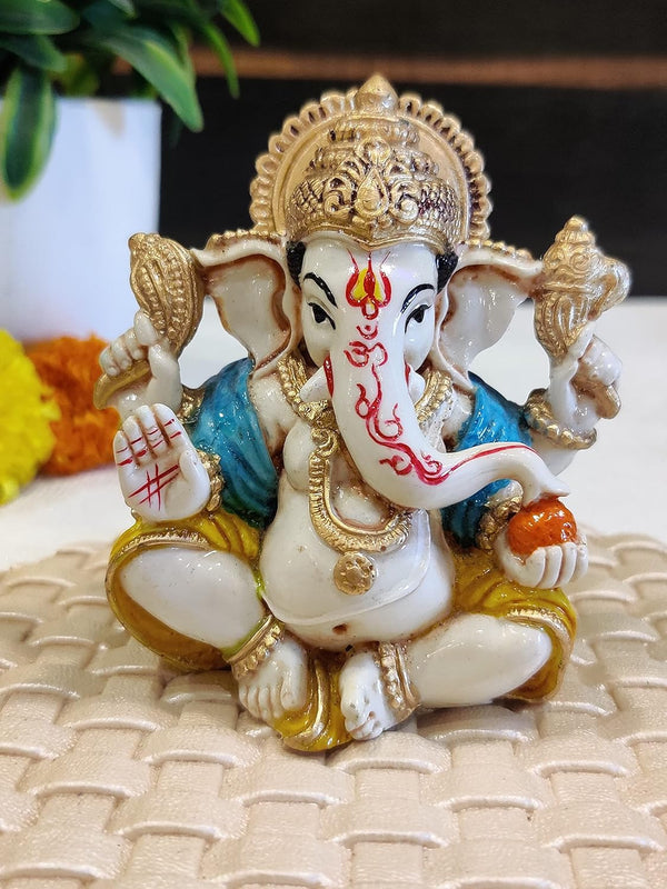 Car Dashboard Ganesha Idol | Polyresin Statue with Orange Turban for Travel Blessings, Safety & Good Fortune