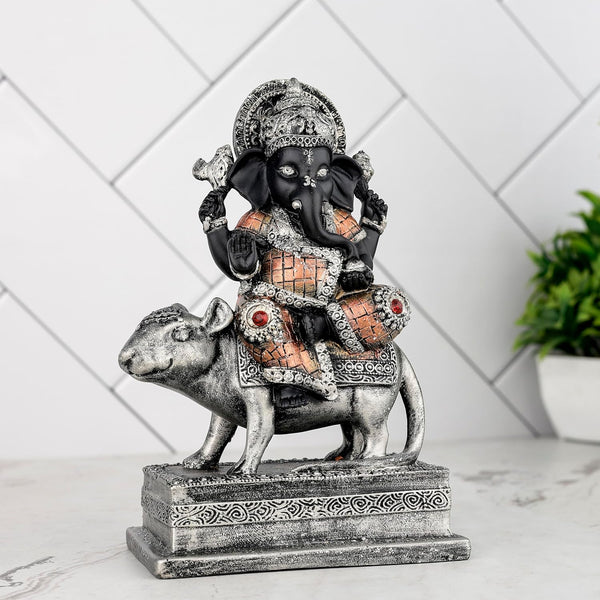 Black Resin Ganesha Idol Sitting on Mushak | Elegant Hindu God Statue for Home Decor & Spiritual Gifts