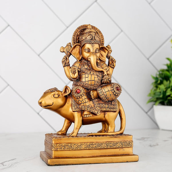 Golden Resin Ganesha Idol Sitting on Mushak | Divine Hindu God Statue for Home Decor & Gifting