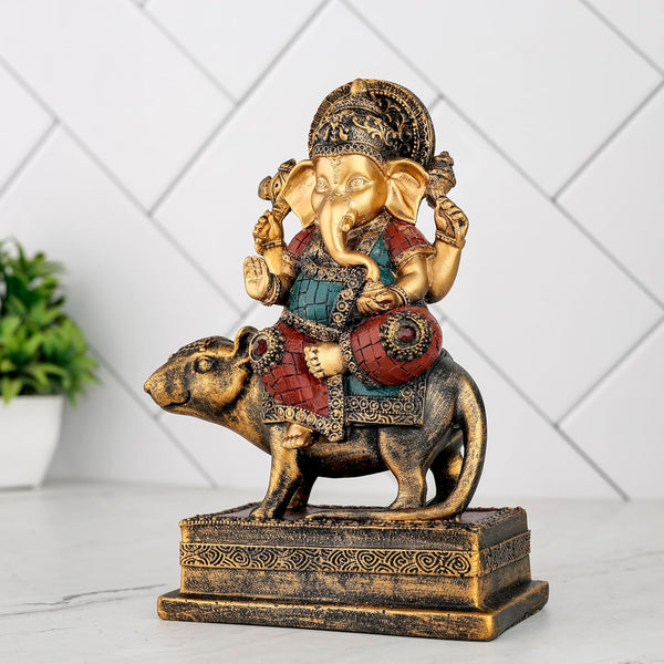 Colorful Resin Ganesha Idol Sitting on Mushak | Vibrant Hindu God Statue for Home Decor & Gifts