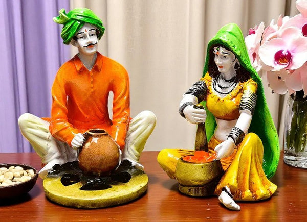 Resin Rajasthani Cooking Couple Statue - Village Life - Karigaari India Aesthetic Home Decor