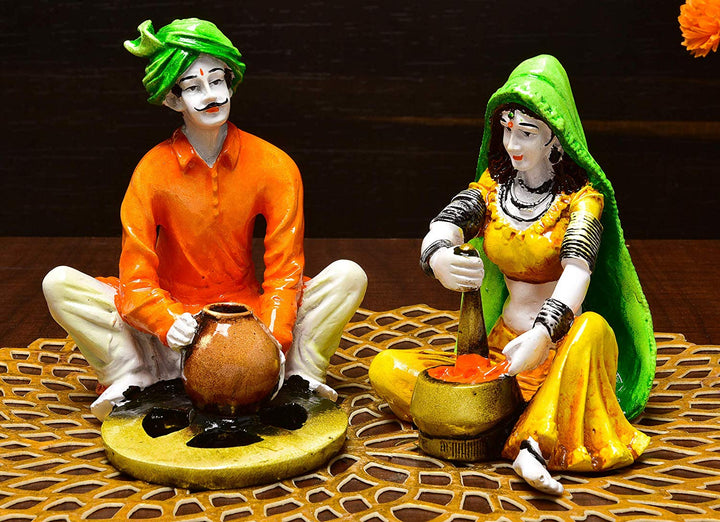 Resin Rajasthani Cooking Couple Statue - Village Life - Karigaari India Aesthetic Home Decor