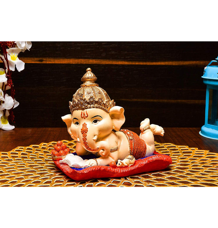 Resin Ganesha Lounging on Cushion - Symbol of Comfort & Blessings - Karigaari India Aesthetic Home Decor