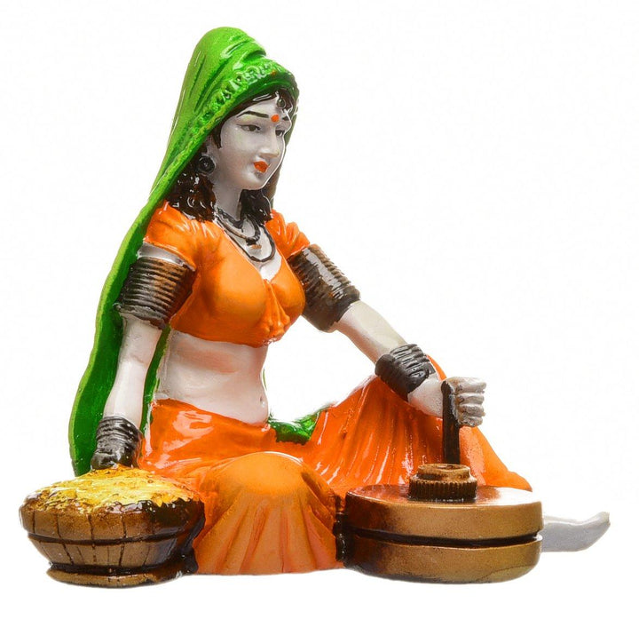 Handcrafted Rajasthani Lady Making Chakki Polyesine Idol Showpiece for Home Decor - Karigaari India Aesthetic Home Decor