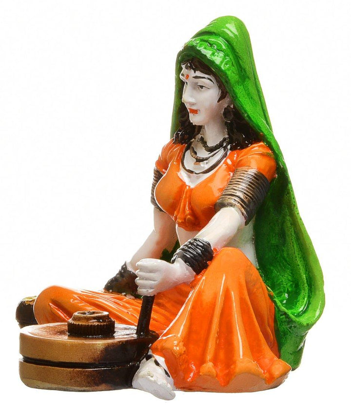Handcrafted Rajasthani Lady Making Chakki Polyesine Idol Showpiece for Home Decor - Karigaari India Aesthetic Home Decor