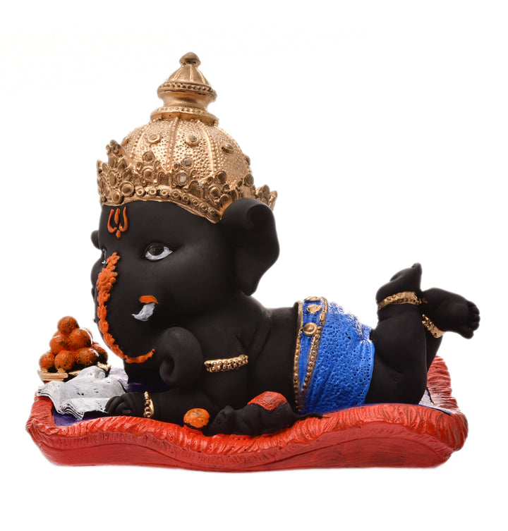 Peaceful Repose Ganesha: Intricately Crafted Resin Reclining Idol with Offerings - Spiritual & Serene - Karigaari India Aesthetic Home Decor