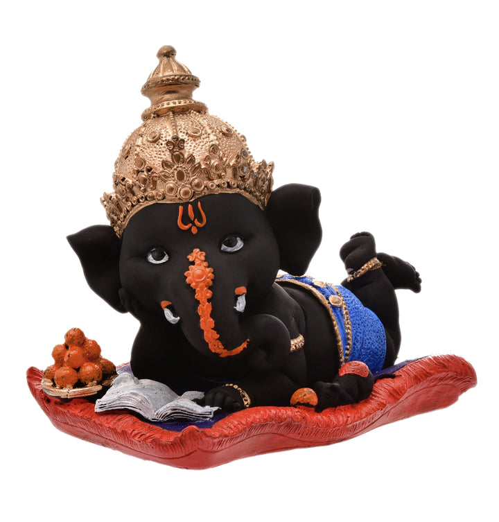Peaceful Repose Ganesha: Intricately Crafted Resin Reclining Idol with Offerings - Spiritual & Serene - Karigaari India Aesthetic Home Decor