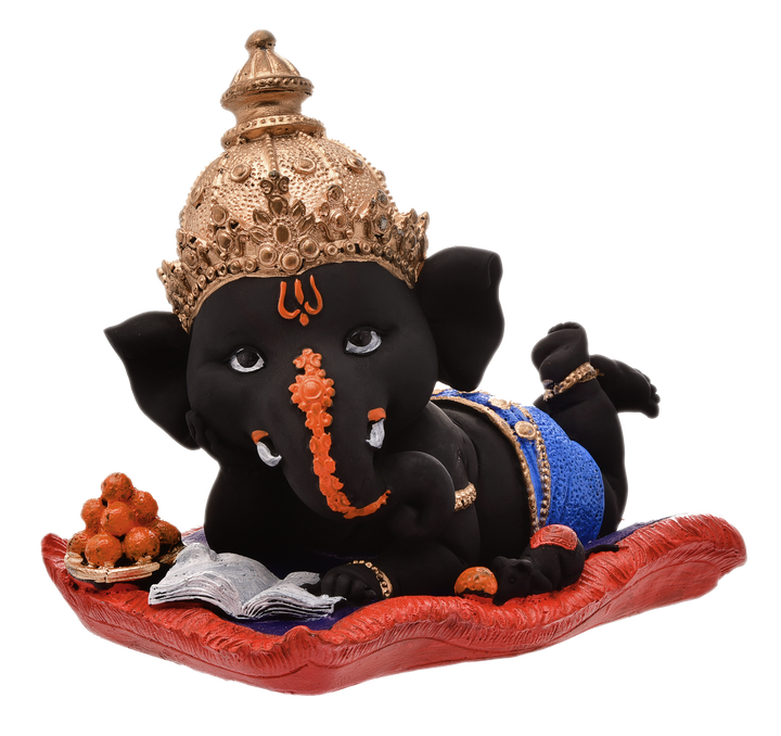 Peaceful Repose Ganesha: Intricately Crafted Resin Reclining Idol with Offerings - Spiritual & Serene - Karigaari India Aesthetic Home Decor