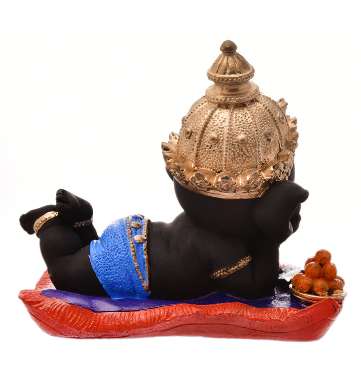 Peaceful Repose Ganesha: Intricately Crafted Resin Reclining Idol with Offerings - Spiritual & Serene - Karigaari India Aesthetic Home Decor