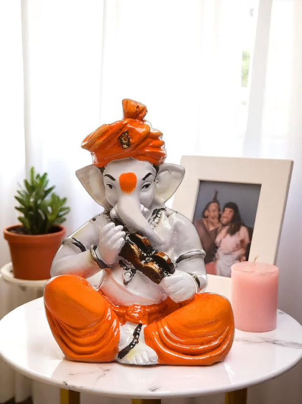 Resin Flute Ganesha Idol Artistic Ganpati Statue for Home Mandir, Festive Decor & Gifting