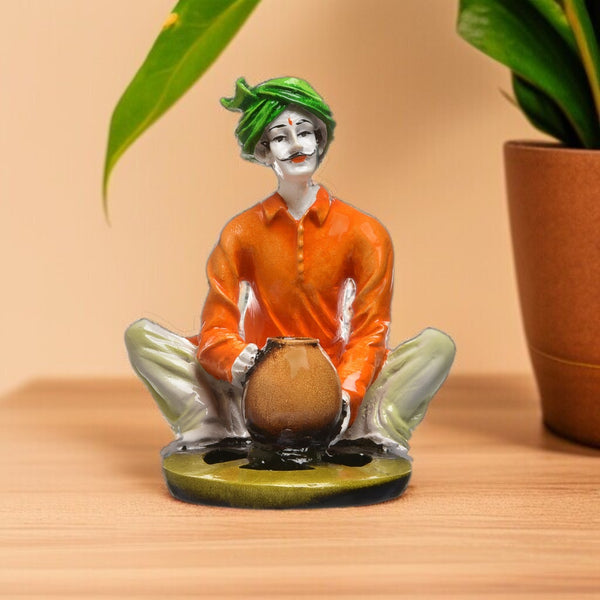 Rajasthani Village Man Figurine with Pot Handcrafted Resin Human Statue for Home Décor