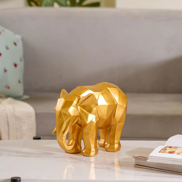 Modern Geometric Golden Elephant Figurine  | Polyresin Lucky Elephant Statue for Prosperity, Wisdom & Chic Home Decor Gift