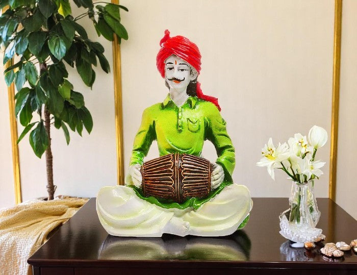 Traditional Sounds of Rajasthan: Unique Resin Man with Drum Statue - Indian Folk Music Decor - Karigaari India Aesthetic Home Decor