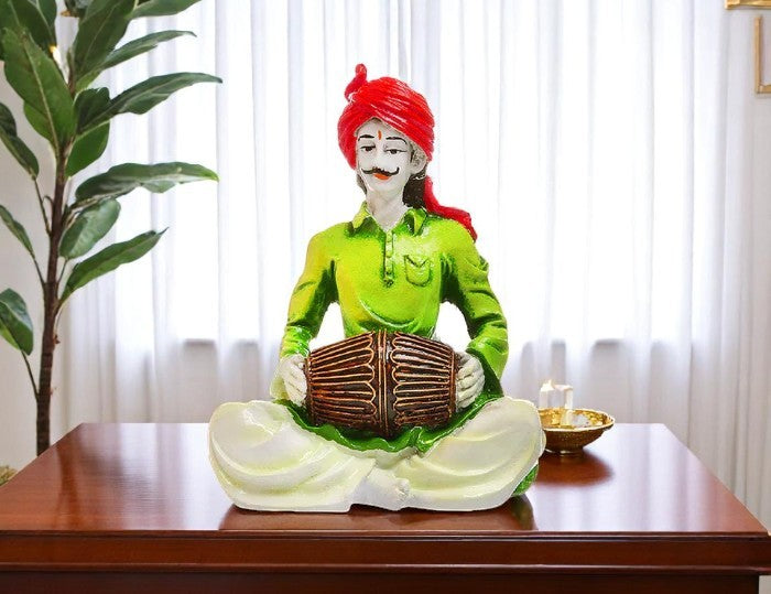 Traditional Sounds of Rajasthan: Unique Resin Man with Drum Statue - Indian Folk Music Decor - Karigaari India Aesthetic Home Decor