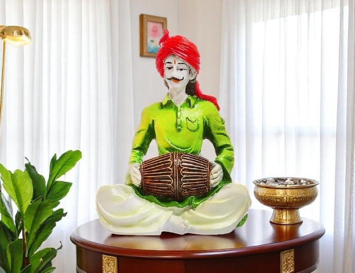 Traditional Sounds of Rajasthan: Unique Resin Man with Drum Statue - Indian Folk Music Decor - Karigaari India Aesthetic Home Decor